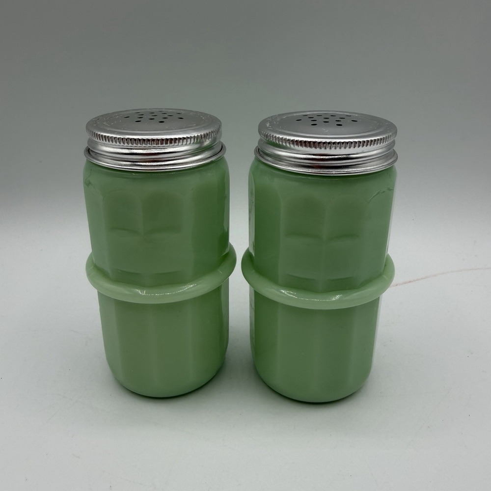 Pair of Jadeite Salt‎ & Pepper Shakers Barrel Shaped Paneled w/ Aluminium Lids